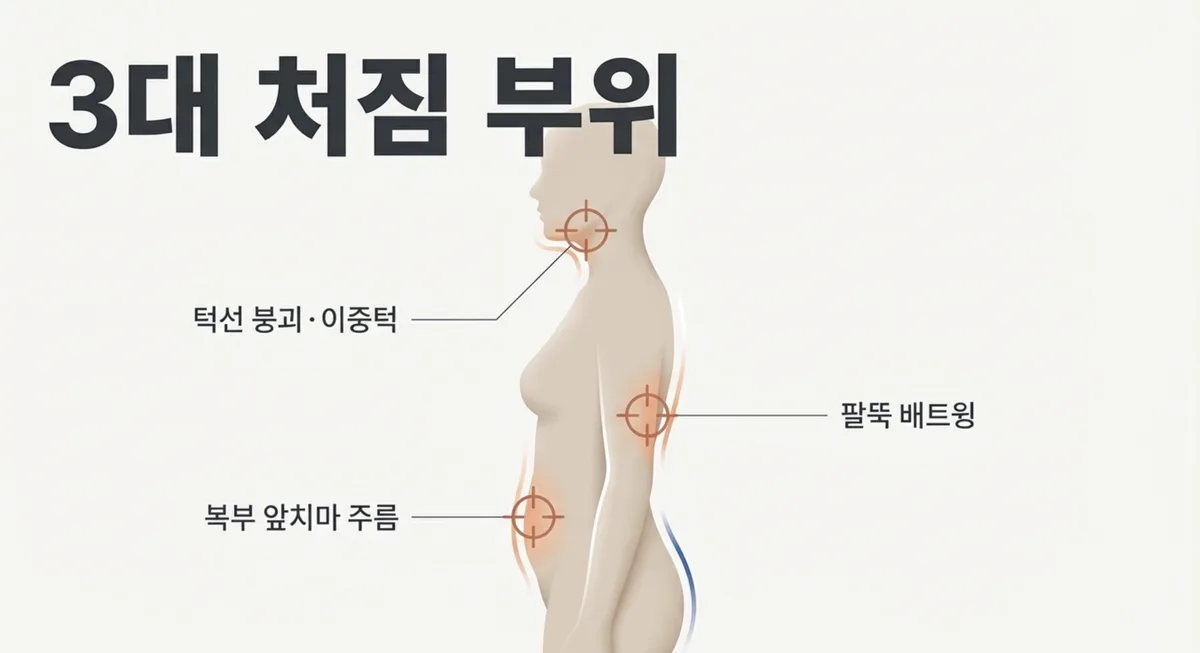 GLP-1 감량 후 3대 처짐 부위 - 턱선 붕괴, 복부 앞치마 주름, 팔뚝 배트윙